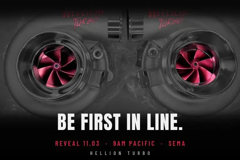 Two Hellion Turbo turbochargers with red compressor wheels – reveal Nov 3, 9am Pacific at SEMA