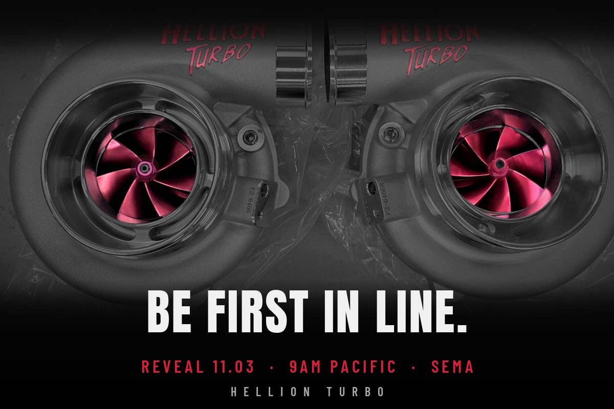 Two Hellion Turbo turbochargers with red compressor wheels – reveal Nov 3, 9am Pacific at SEMA