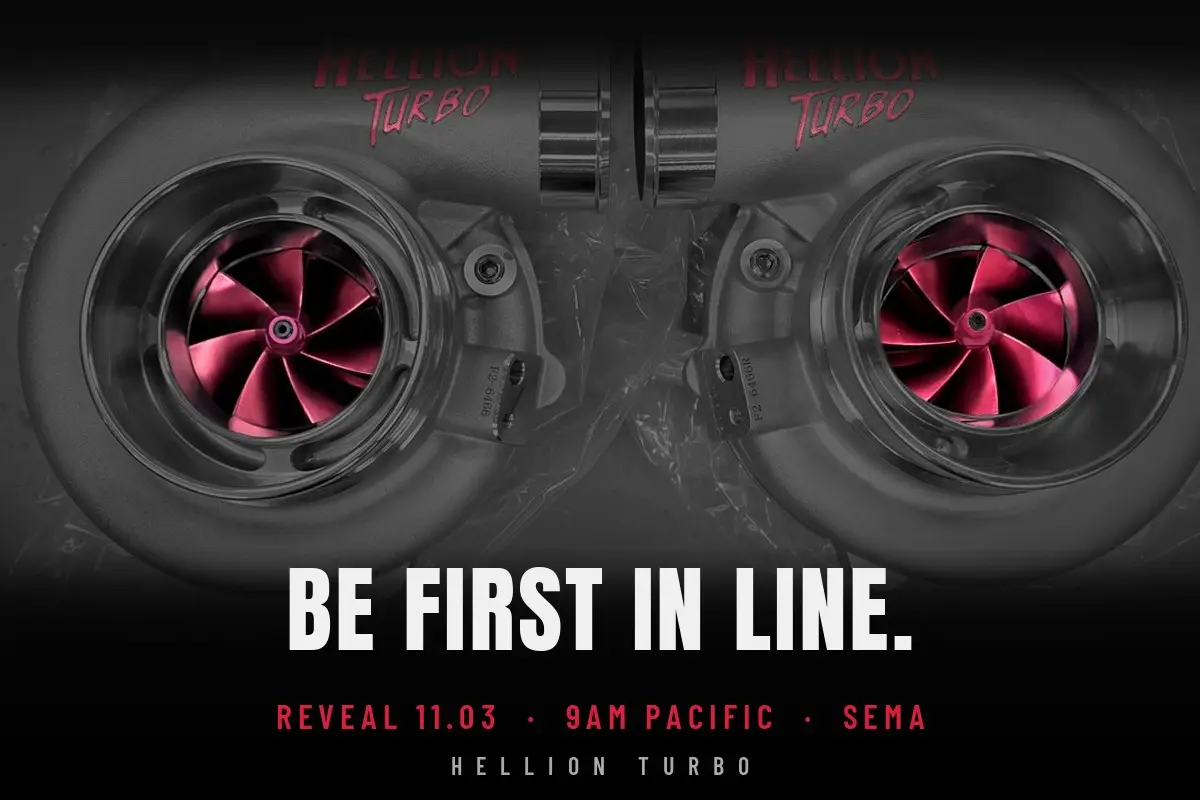 Two Hellion Turbo turbochargers with red compressor wheels – reveal Nov 3, 9am Pacific at SEMA
